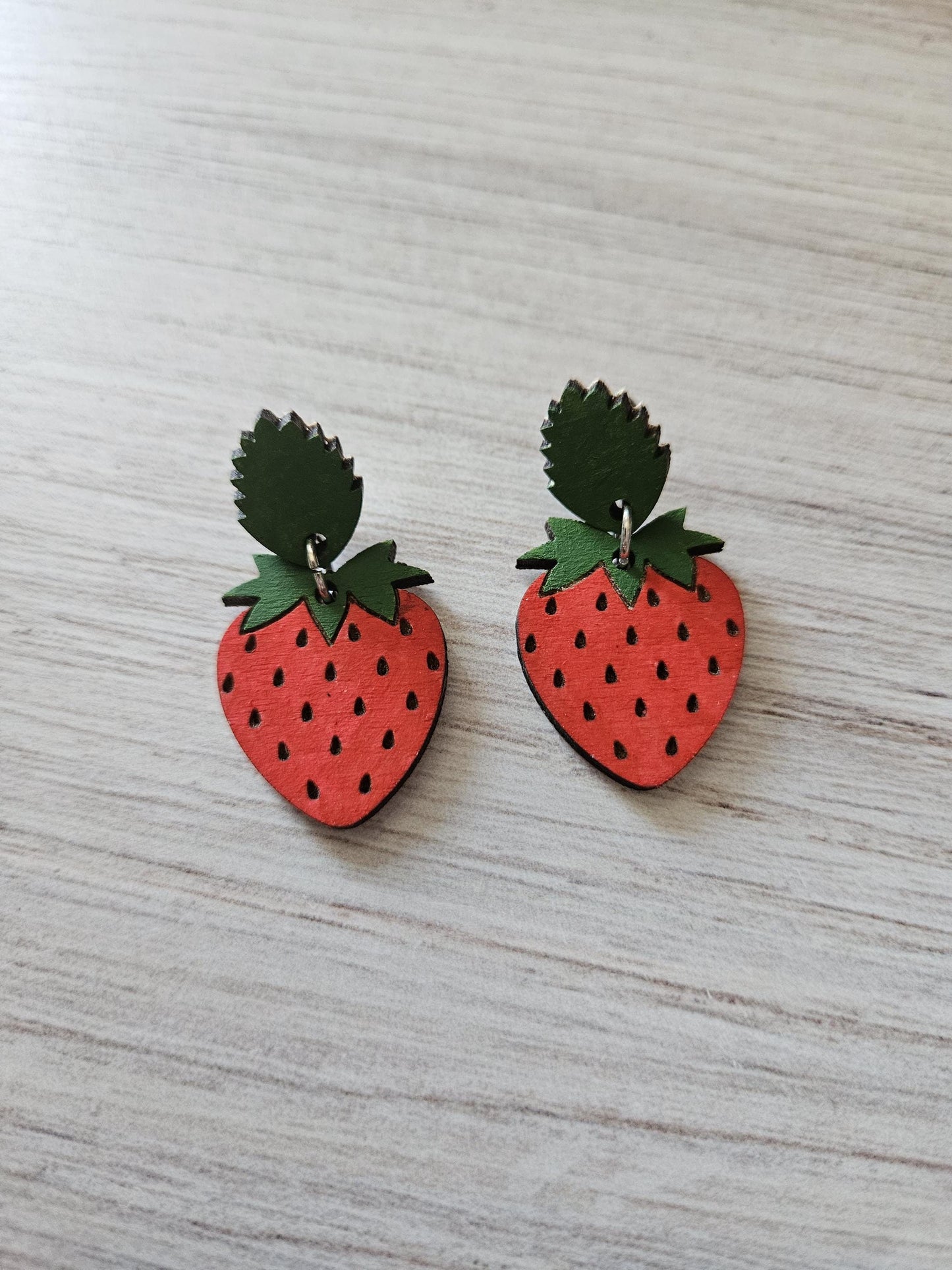 Spring Strawberry Hand Painted Wooden Stud Dangle Earring