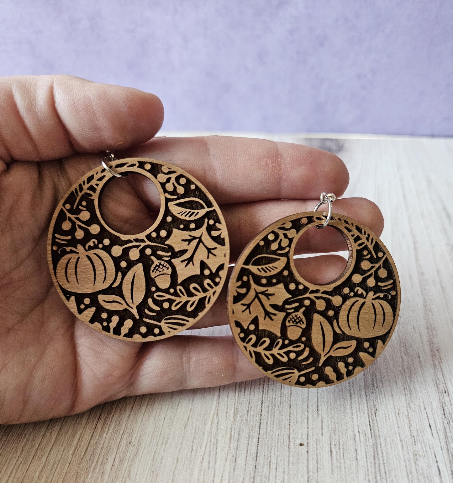 Autumn Leaves and Pumpkins Wooden Dangle Earrings
