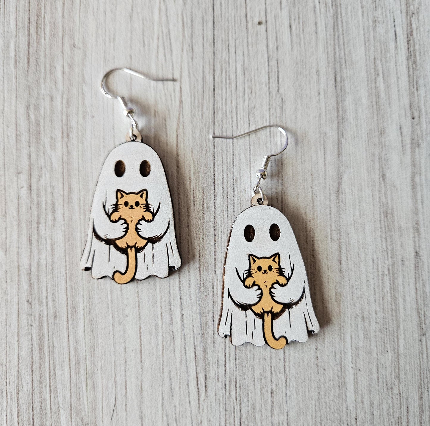 Spooky Ghost Holding Cat Dangle Earrings