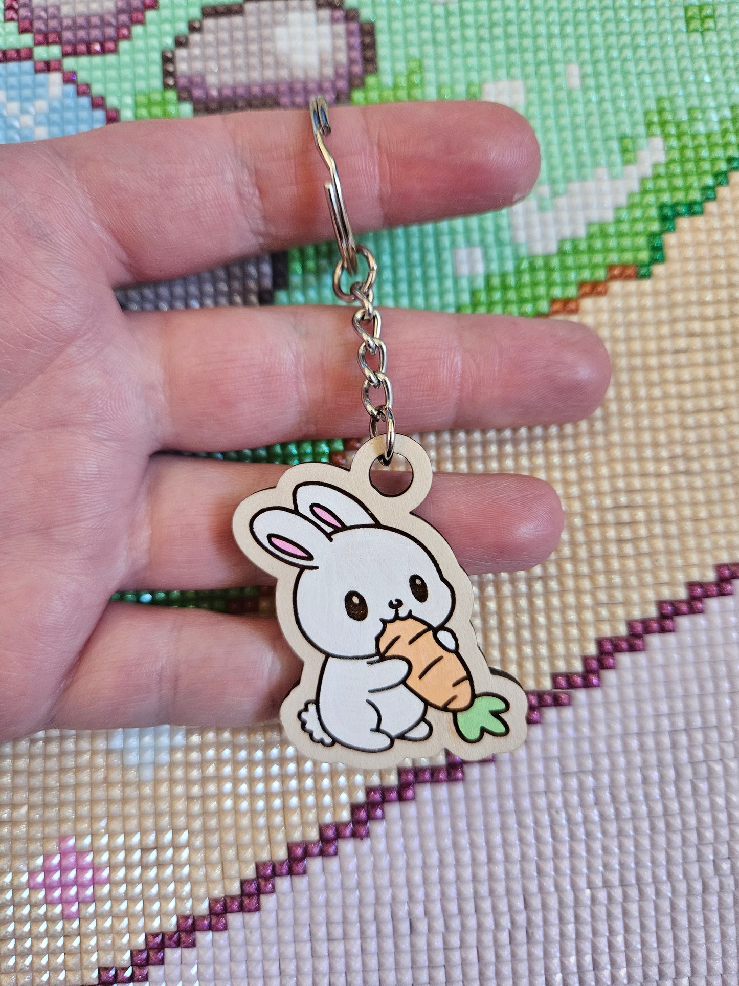 Spring Bunny Hand Painted Wooden Key Chain