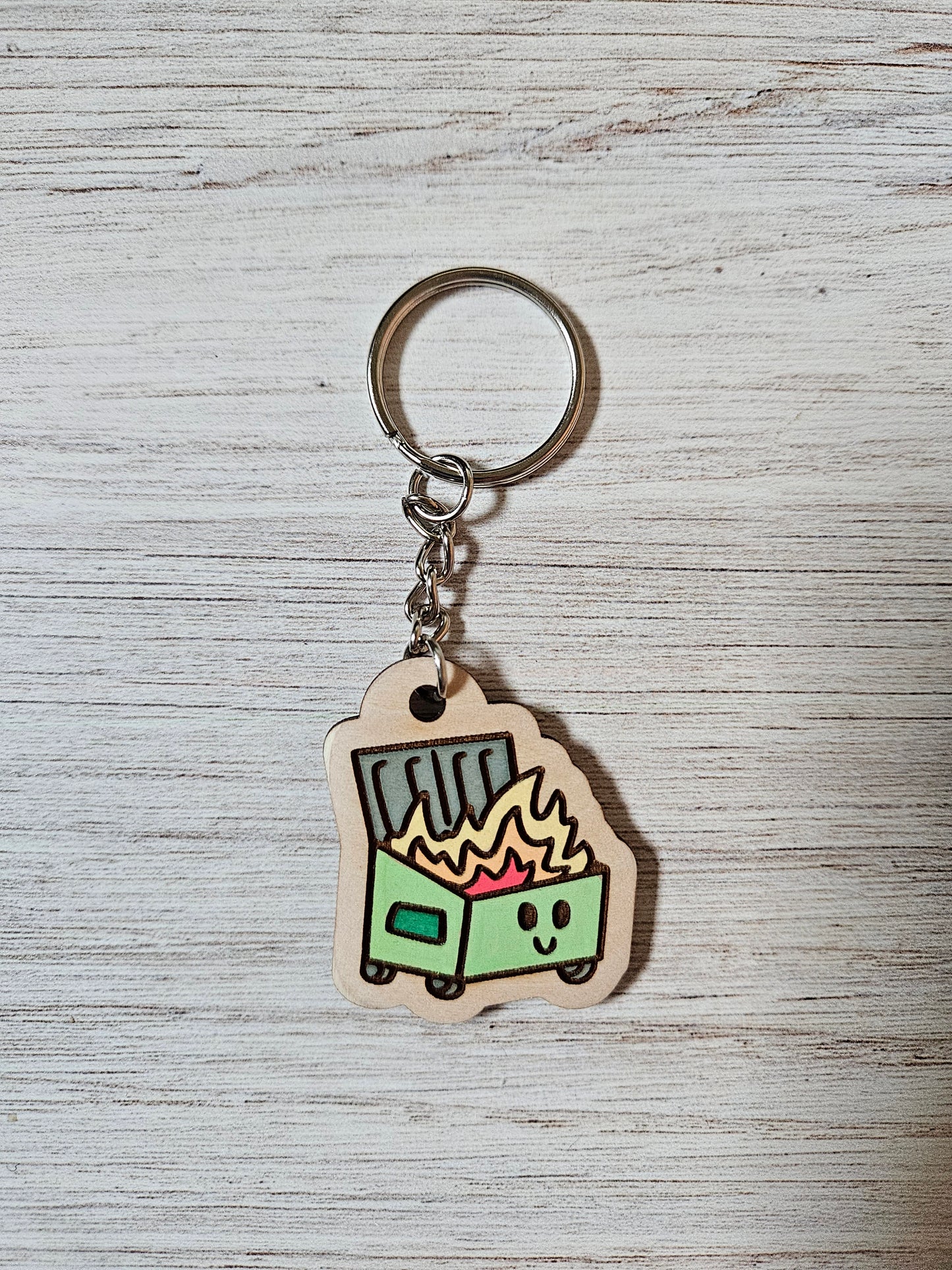 SECONDS Cute Dumpster Fire Hand Painted Wooden Keychain