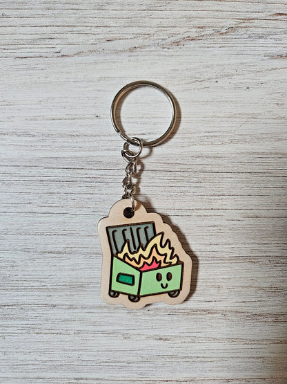 SECONDS Cute Dumpster Fire Hand Painted Wooden Keychain