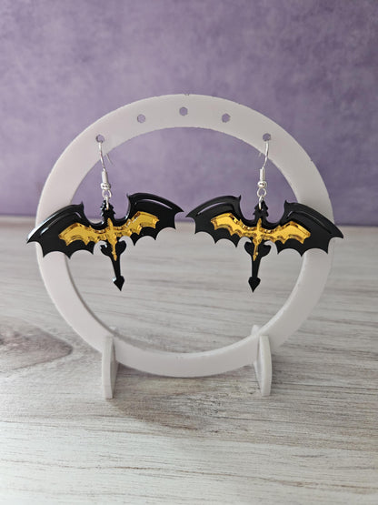 Black and Gold Dual Dragon Fourth Wing Inspired Dangle Earrings