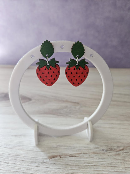 Spring Strawberry Hand Painted Wooden Stud Dangle Earring