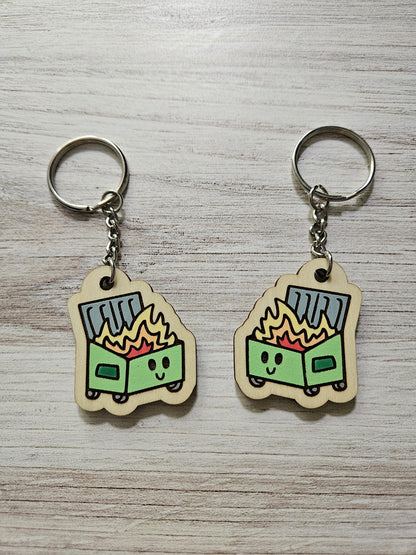 Cute Dumpster Fire Hand Painted Wooden Keychain