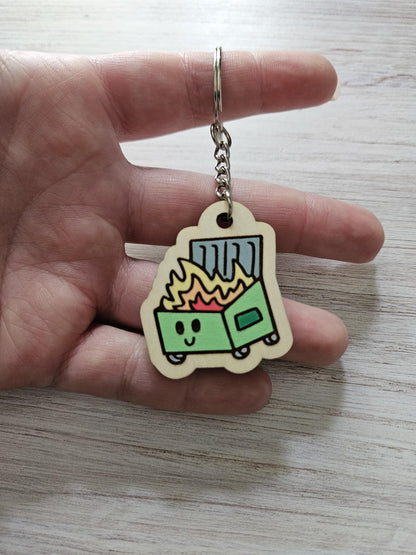 Cute Dumpster Fire Hand Painted Wooden Keychain