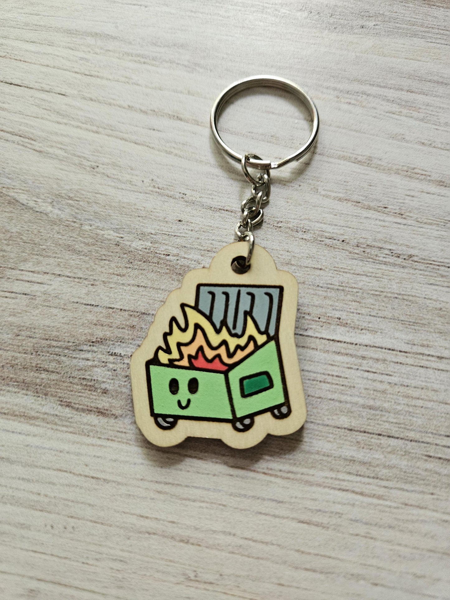 Cute Dumpster Fire Hand Painted Wooden Keychain