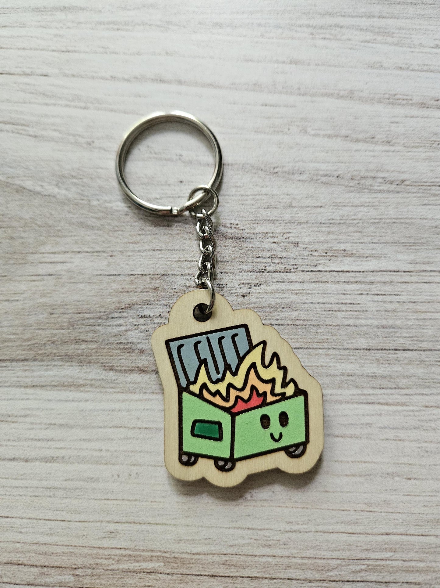 Cute Dumpster Fire Hand Painted Wooden Keychain