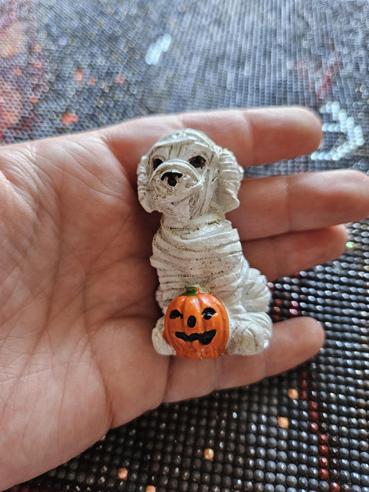 Adorable Mummy Dog with Pumpkin Ceramic Figure