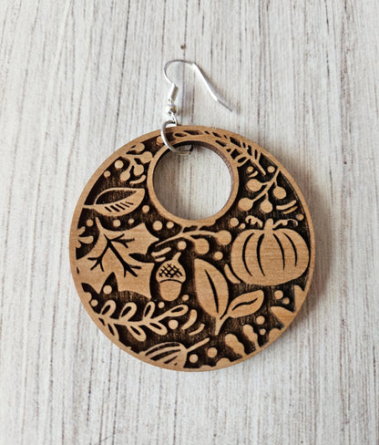 Autumn Leaves and Pumpkins Wooden Dangle Earrings