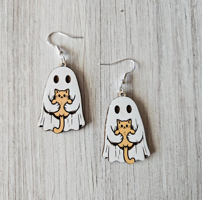 Spooky Ghost Holding Cat Dangle Earrings