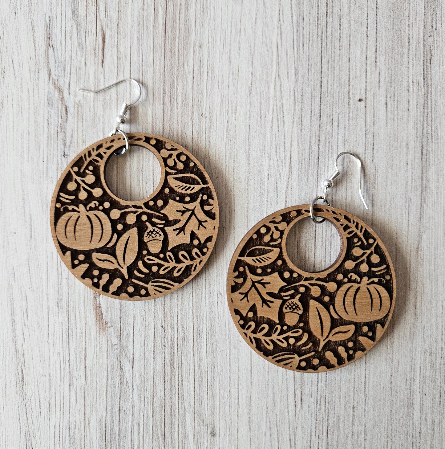 Autumn Leaves and Pumpkins Wooden Dangle Earrings