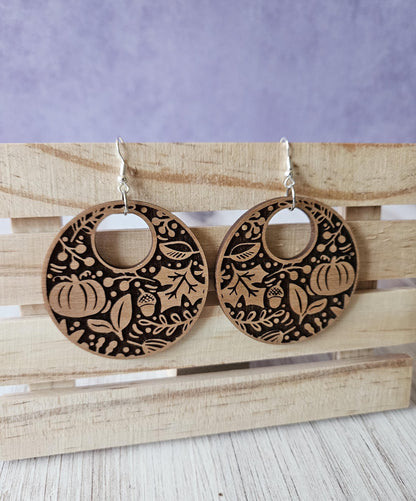 Autumn Leaves and Pumpkins Wooden Dangle Earrings