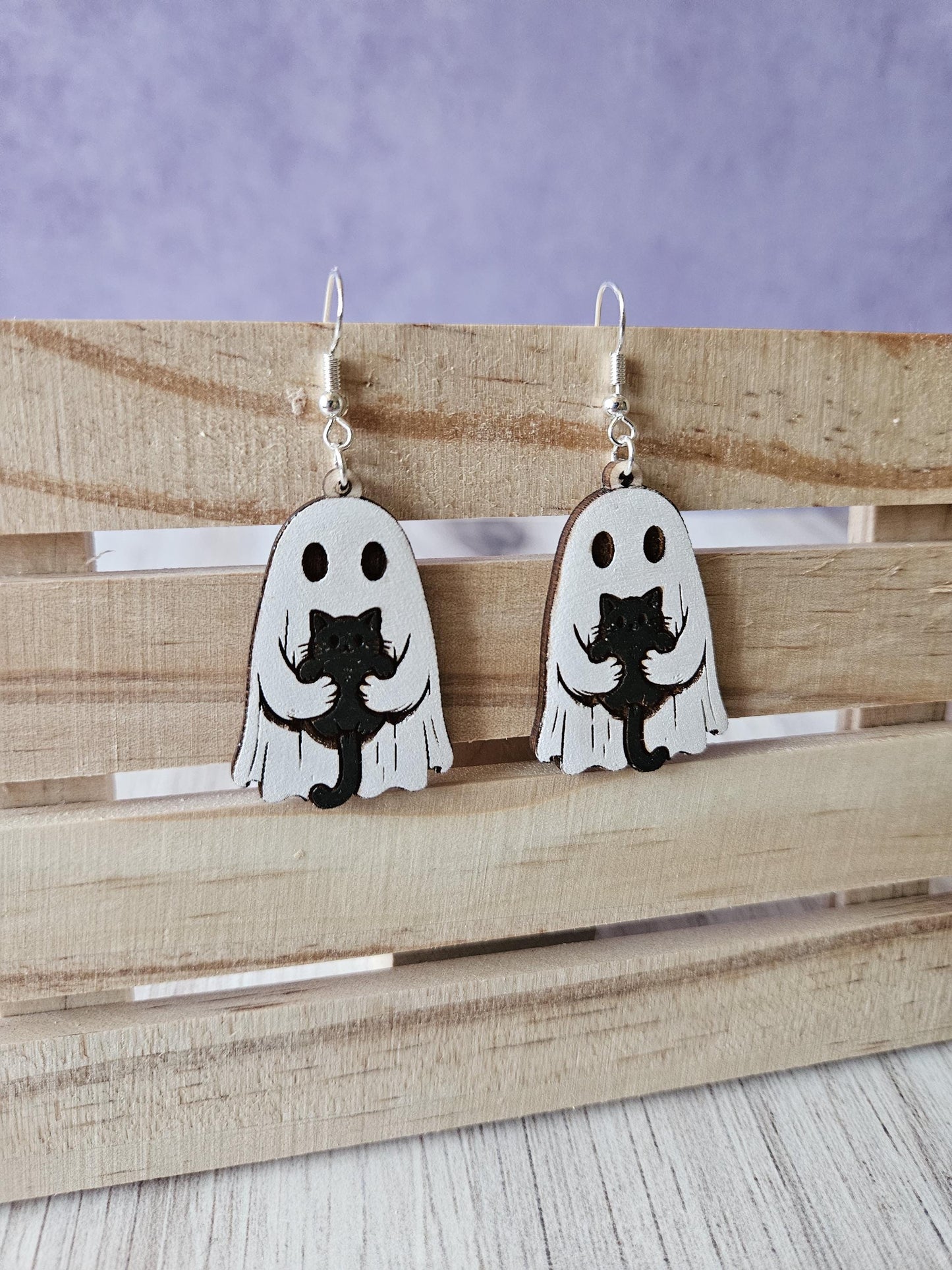 Spooky Ghost Holding Cat Dangle Earrings