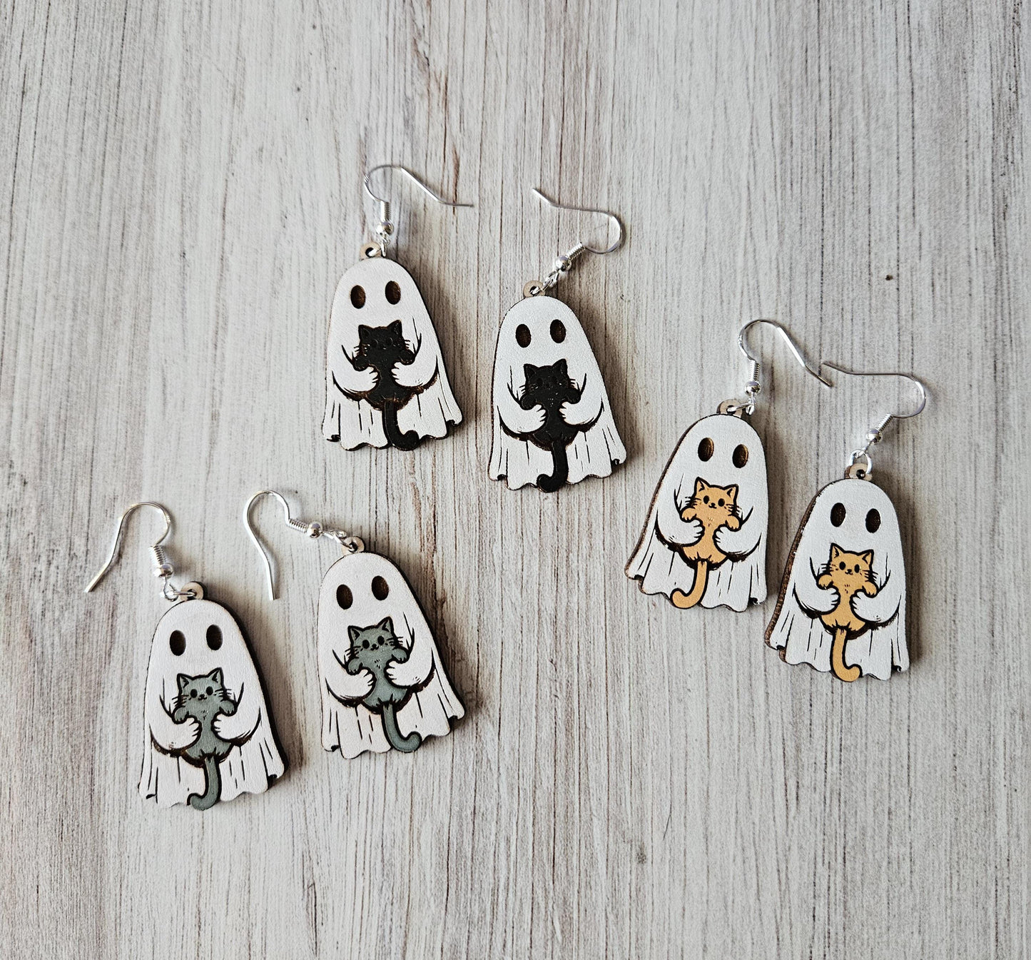 Spooky Ghost Holding Cat Dangle Earrings
