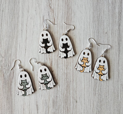 Spooky Ghost Holding Cat Dangle Earrings