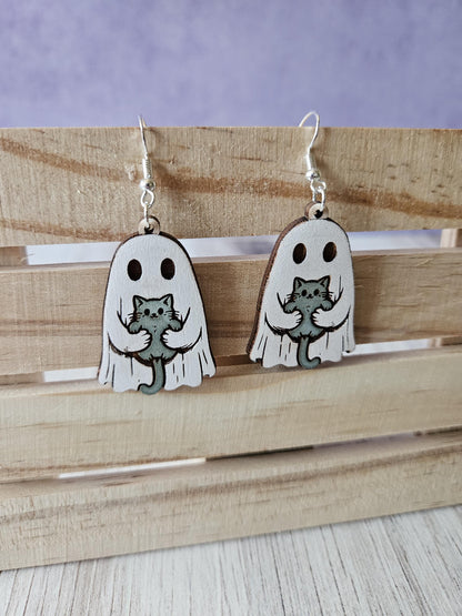 Spooky Ghost Holding Cat Dangle Earrings