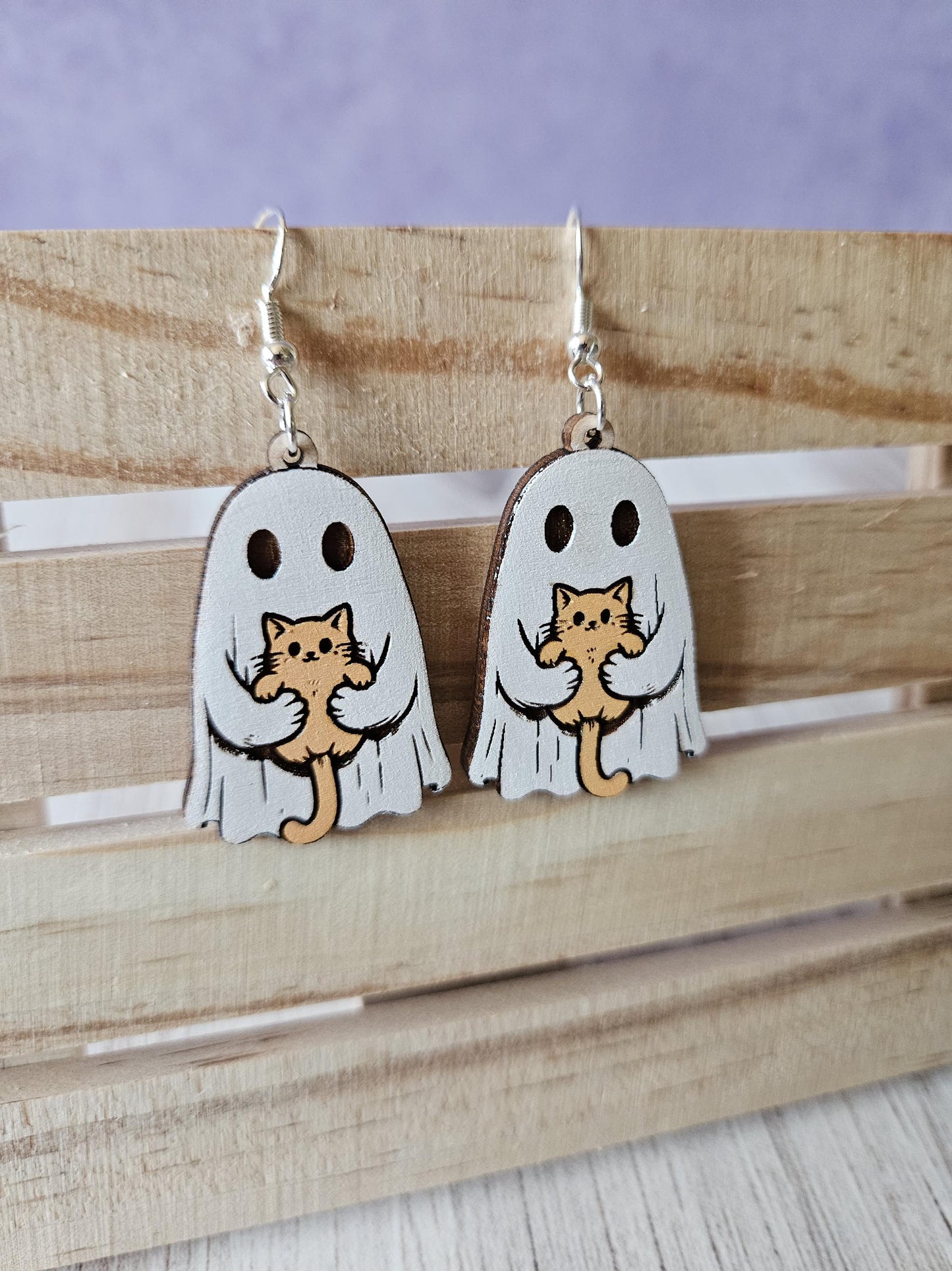 Spooky Ghost Holding Cat Dangle Earrings