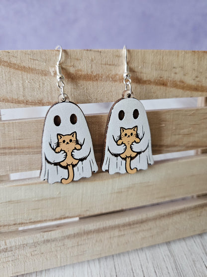 Spooky Ghost Holding Cat Dangle Earrings