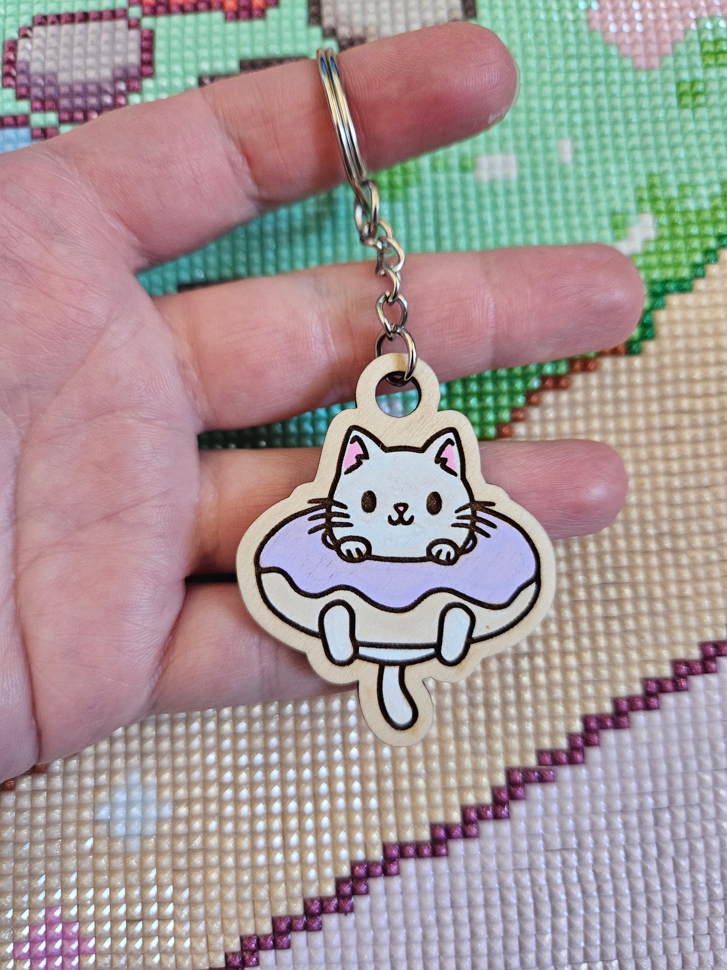 Kitty Donut Hand Painted Wooden Key Chain